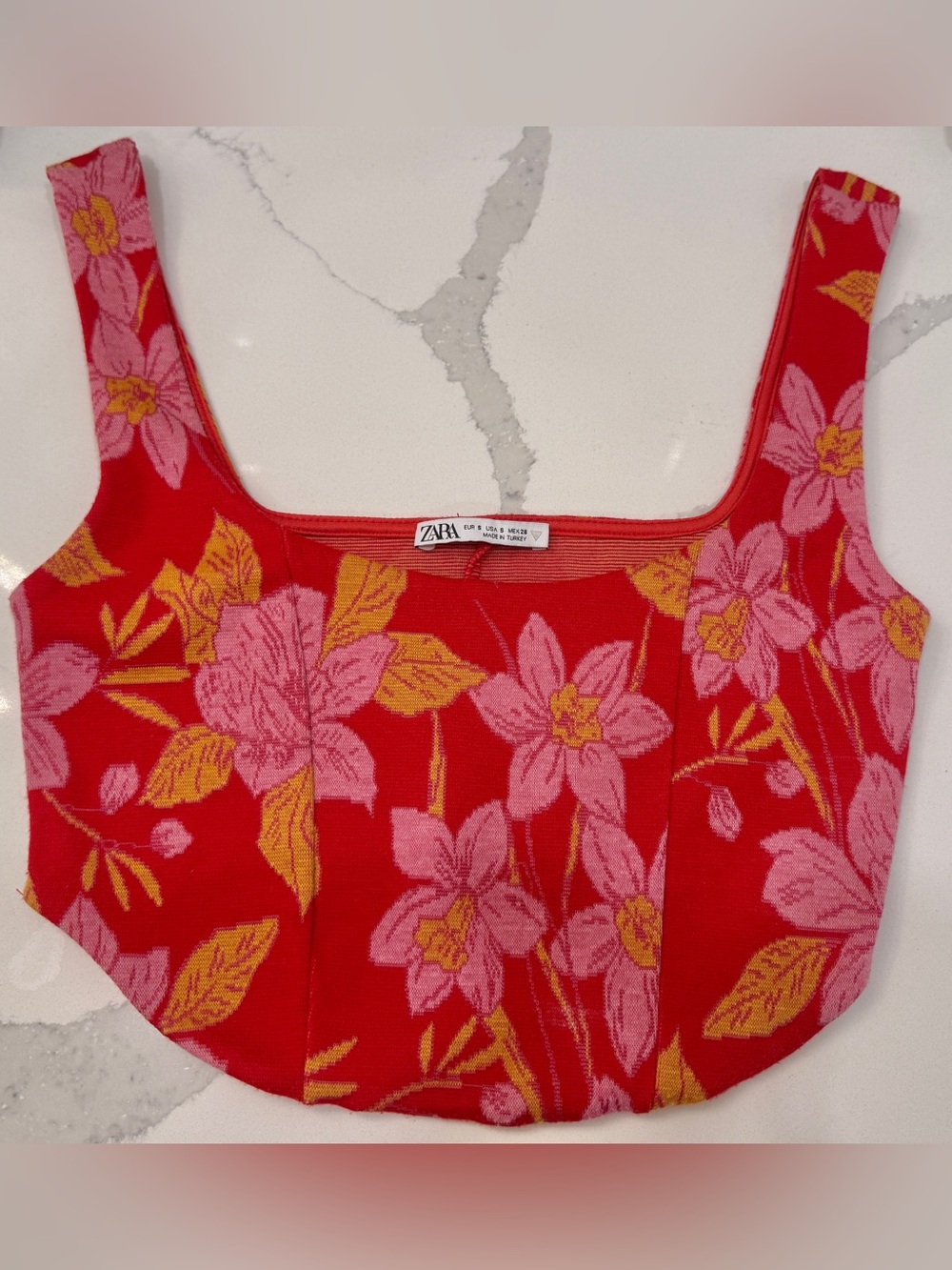 Zara Red Floral Square-Neck Crop Top Tank